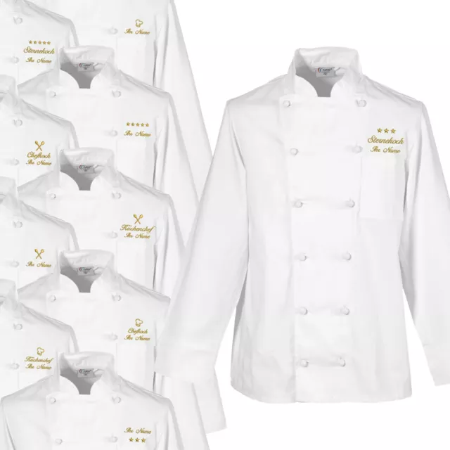 Kochjacke Bäckerjacke Gastronomie weiß Stickerei gold mit Motiv + Name bestickt