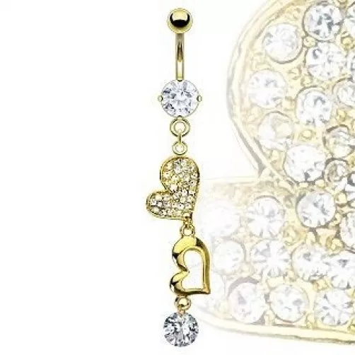 GOLD Plated Double Heart W Large CZ & Clustered Crystal Dangle Navel Ring Bar US