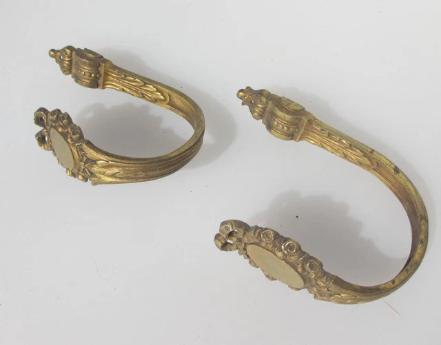 Antique Brass Curtain Tie Backs Hooks French Old Victorian Rococo Leaf Vintage 3