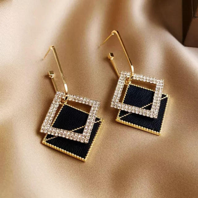 Fashion Black Gold Plated Geometric Crystal Ear Stud Earrings Drop Dangle Women