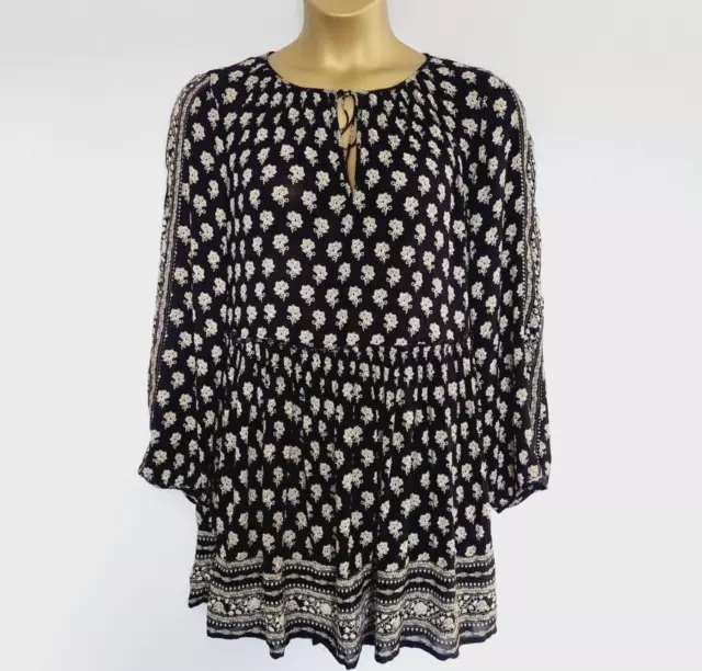 Zara Trf Womens Tunic Top Blouse Size L UK 14 Black Ivory Tie Neck Peasant Boho