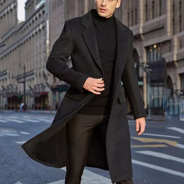 Men's Casual Woolen Jacket Outwear Single Breasted Long Sleeve Trench Coat Lapel
