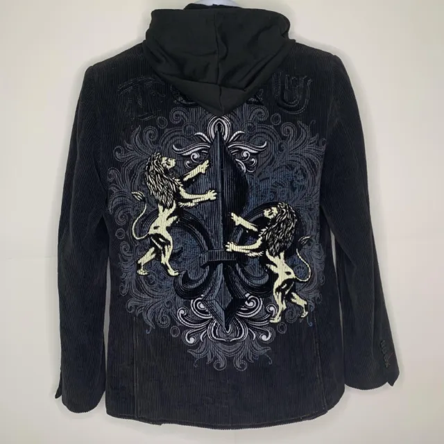 Toku Corduroy Hooded Jacket Fleur De Lis Symbol & Lions Embroidered Black Size M