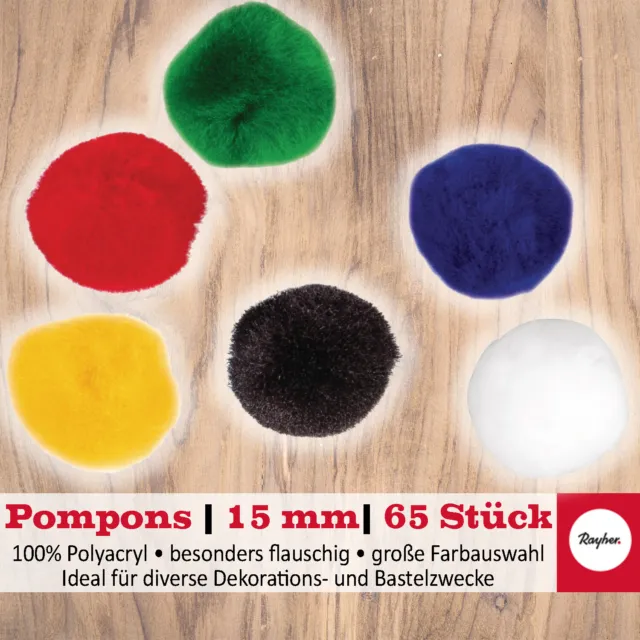 RAYHER Pompons, 15mm, 60 Stück, große Farbauswahl, zum Basteln & für Dekoration