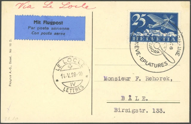 LUFTPOST 14.5.1928, Erstflug GENF-LE LOCLE, Prachtkarte