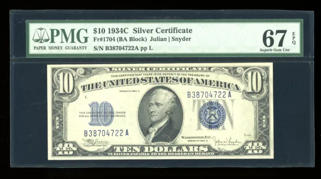 DBR 1934-C $10 Silver Fr. 1704 Superb Gem PMG 67 EPQ Serial B38704722A