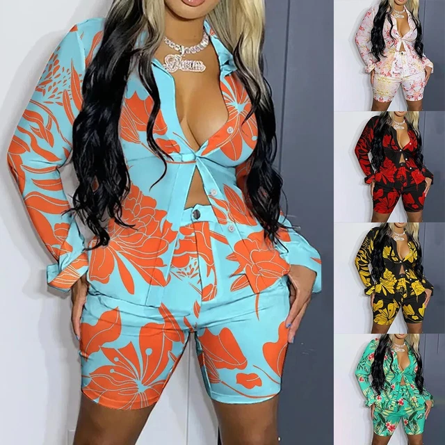 Tenue pièce ensemble imprimé chemise short survêtement bouton décontracté