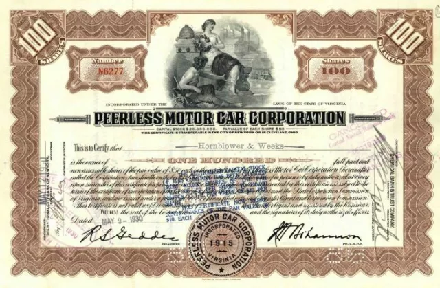 Peerless Motor Car Corporation - 1920's-30's dated Automobile Stock Certificate