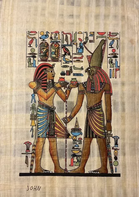 Rare Authentic Hand Painted Ancient Egyptian Papyrus-Ramses II & Horus-9x13 Inch