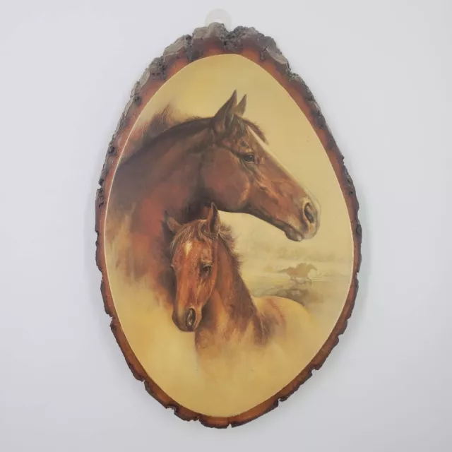 Vintage Horses Wall Plaque Live Edge Wood Slice Lacquered Decoupage Camp Wakonda