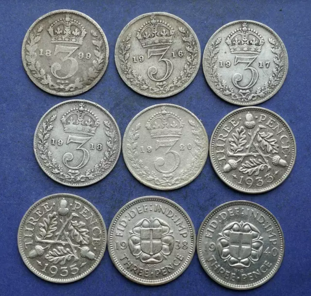 9 x Silver Three pence 1899 to 1940