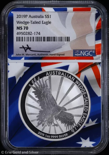 2019-P $1 Australia 1oz Silver Wedge-Tailed Eagle NGC MS 70 | Mercanti Signed