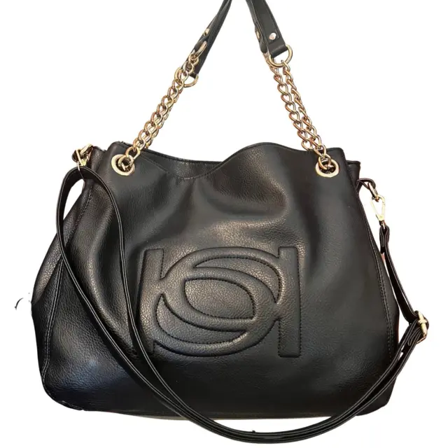 Bebe Black Faux Leather Large Handbag Shoulder Bag Crossbody Gold Chain Tote
