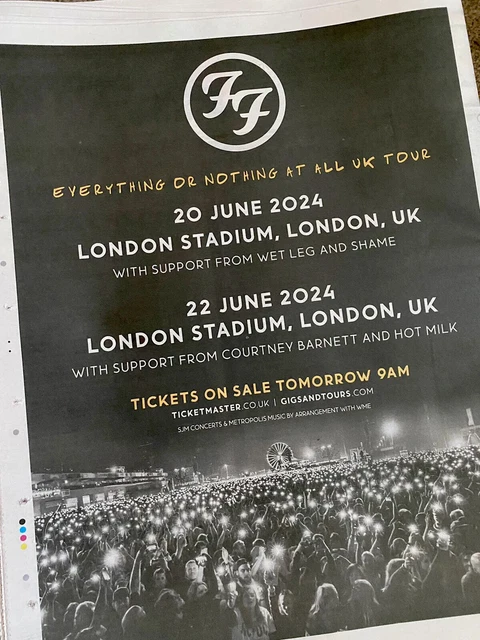 FOO FIGHTERS UK Tour Dates Ad Wet Leg London 2024 Newspaper Advert