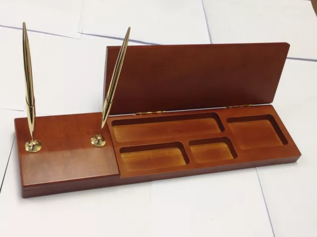 Solid Wood Cherry Finish Executive Desk Organizer with Double Gold Pen Stand