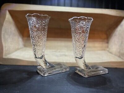 Depression Glass MCKEE ROCK CRYSTAL Pair of Cornucopia Vases