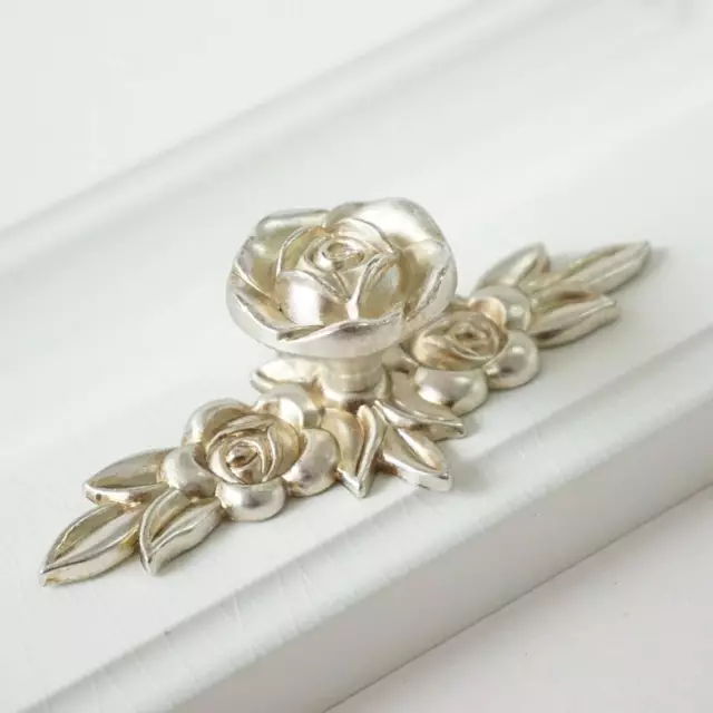 Rose Flower Dresser Pull Knob Drawer Handle Antique Silver Chic Cabinet Pull
