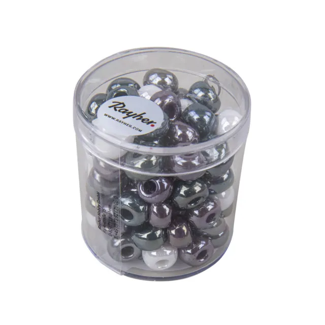 Perles à grand trou en verre, opaques, gris - lilas - blanc, ø 8,7mm, boîte 55g