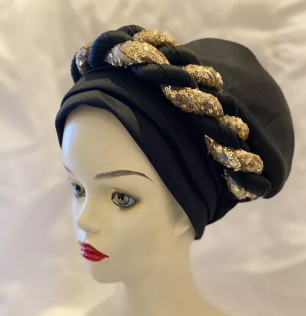 African Women Elegant Turban cap auto gele  Black With Sequence turban 3