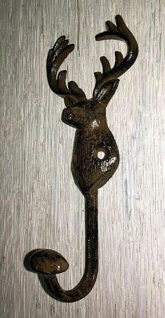 DEER W/ ANTLERS HOOK rustic bronze brown cast iron heavy duty hook for lodge elk