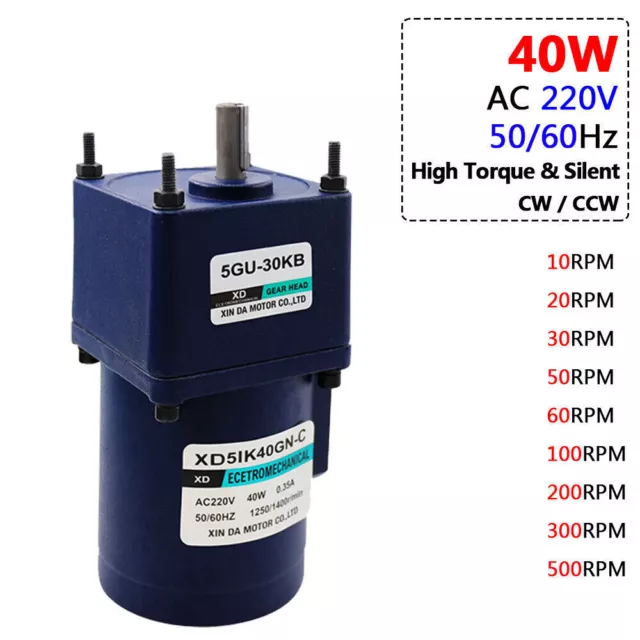 Micro AC 220V 40W High Torque Gearmotor Metal Gearbox Motor 50/60Hz 10 to 500RPM