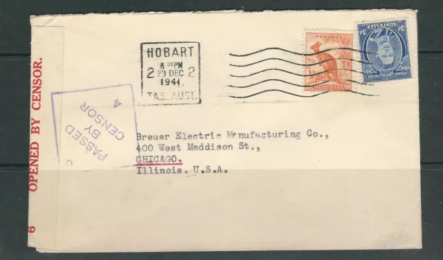 AUSTRALIA 1941 CENSOR cover with KGVI (Sc 170 3d) form HOBART to CHICAGO USA