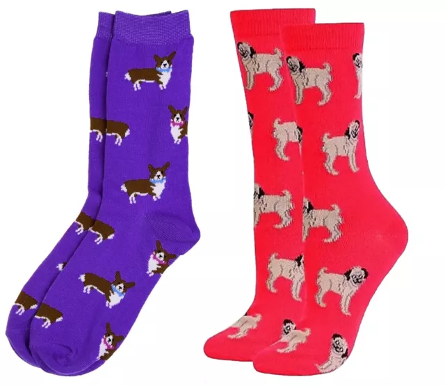 Womens Socks Dog Pug Corgi Crew Socks Novelty Casual Socks 2 Pairs Size 9-11