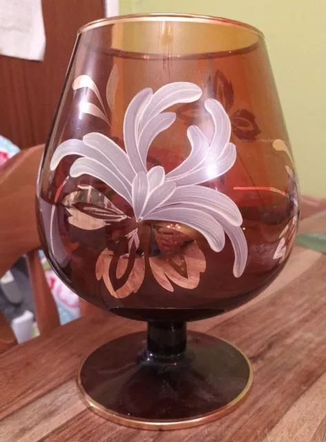 Large Hand Painted Balloon Glass Vase Amber With Gold Embellishments Whisky