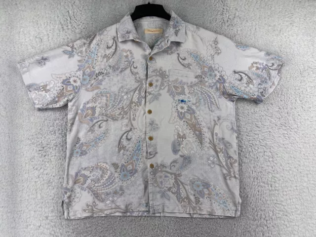 Tommy Bahama Shirt Mens Large Gray Blue Floral Paisley Button Up Hawaiian Pocket