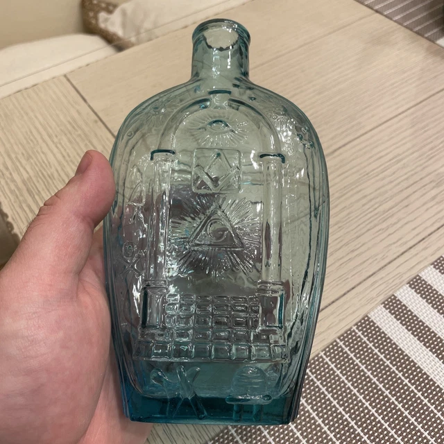 Vintage Aqua Green Glass Eagle Reproduction Masonic Bottle FREEMASON