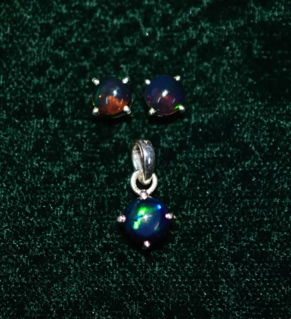 925 Solid Sterling Silver Black Ethiopian Opal Stud Earring Pendant Set  0 P512