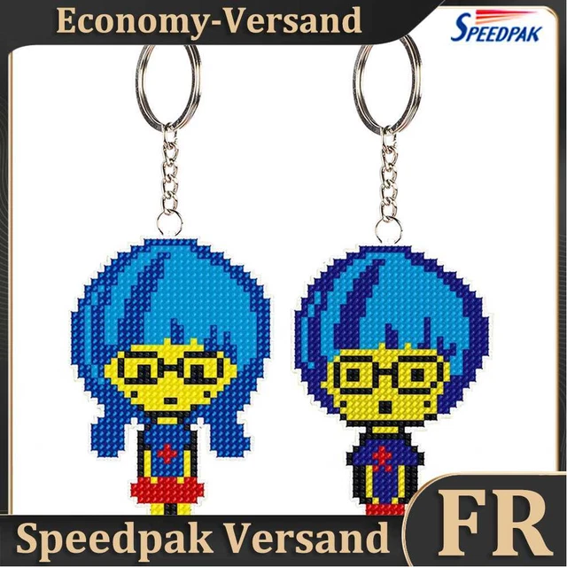 Key Ring DIY Stamped Artwork Boy and Girl Keychain Kit Bead Cross Stitch Pendant