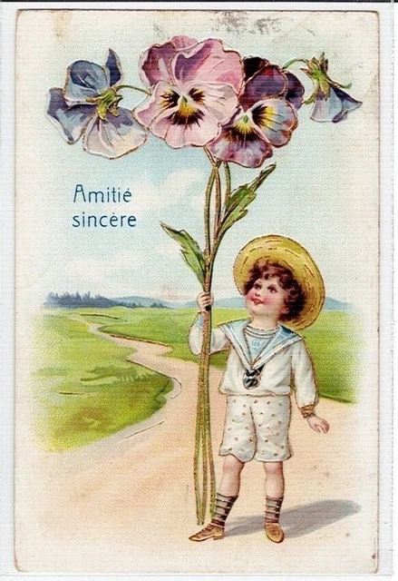 CPA Fantaisie dorée Gaufrée AMITIE SINCERE Petit Garçon avec Pensées Ecrite 1906