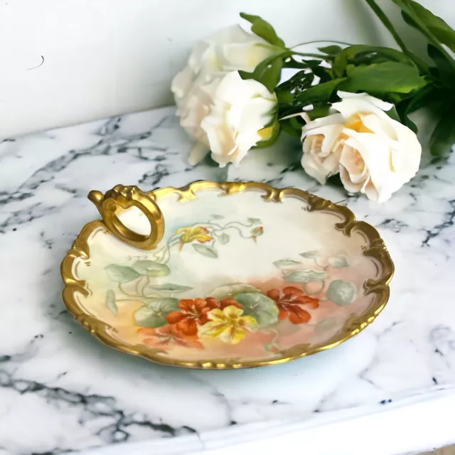 Antique P. H. Leonard Austria Hand Painted Lemon Dish Flowers Signed by Artist