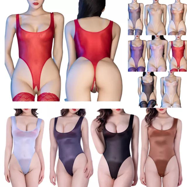 Women's Glossy Bodysuit Open Crotch Crotch-less See-through Leotard Nightwear