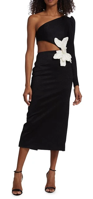 PatBO Women Polyamide Black One-Shoulder Floral Appliqué Side-zip Maxi Dress New
