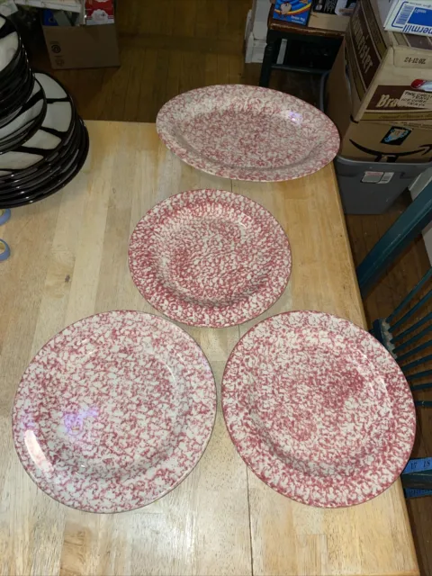 Set of 3  Gerald E. Henn Red Roseville Spongeware 10” Dinner  Plates