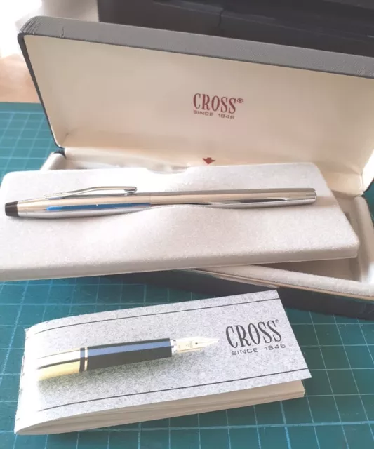 CROSS Fine Nib Fountain Pen, Chrome Black, Blue Ink, Gift Boxed - Mint condition
