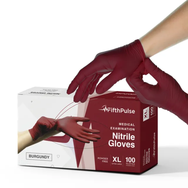 Fifth Pulse Nitrile Exam Latex & Powder Free Gloves Burgundy -  100 Gloves (XL)