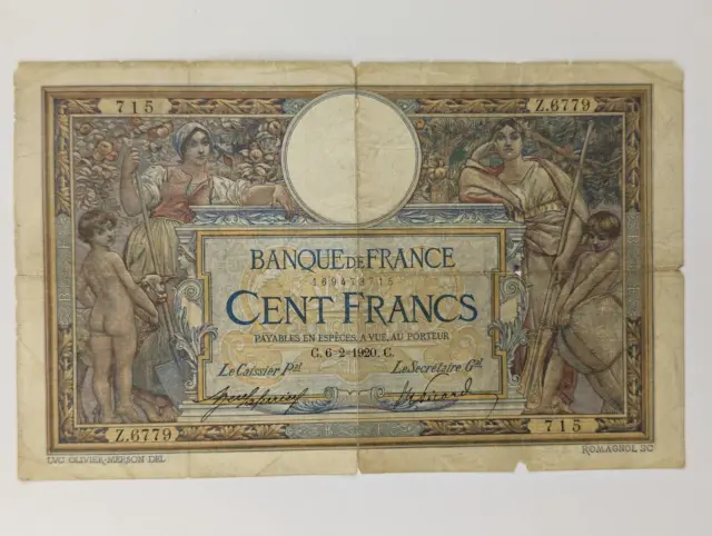 1920 France 100 Francs - Luc Olivier Merson - Lower Grade