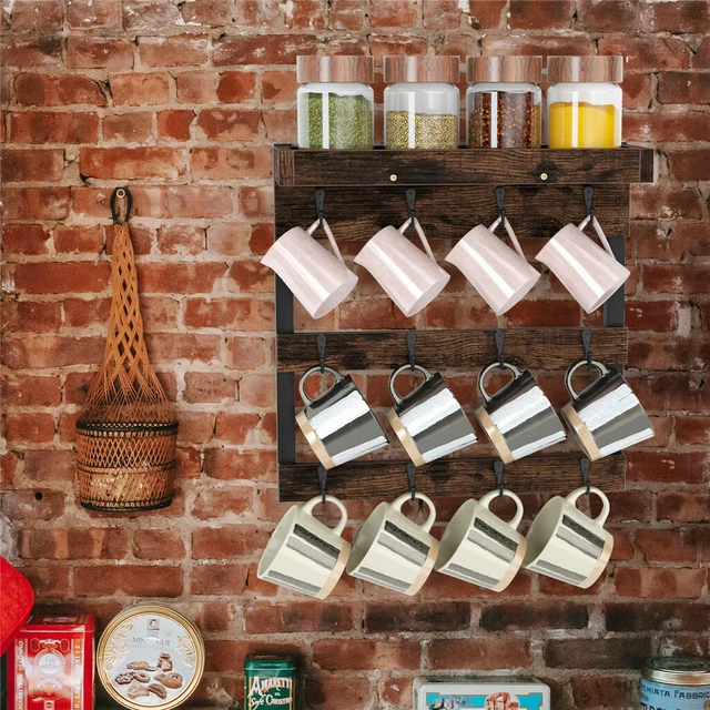 TEA COFFEE MUG Rack Storage Holder Cup Hanger Wood Wall Mounted Teacup ...