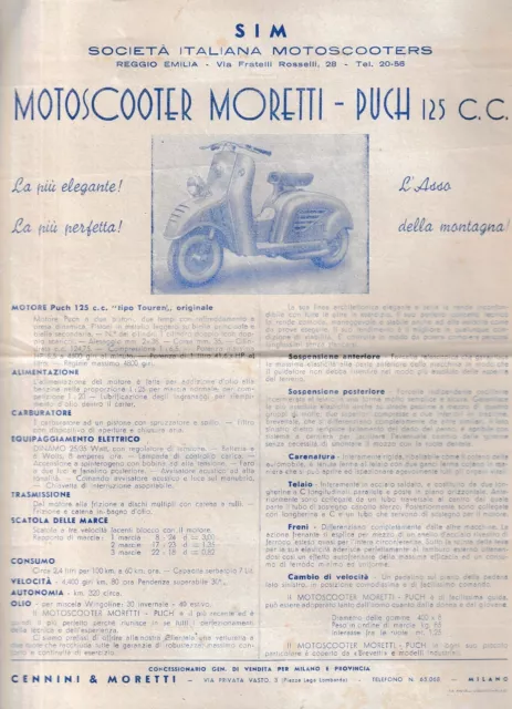 SIM - Moretti-Puch Motoscooter 125 cc. Touren - Volantino (Flyer) d'Esordio 1952
