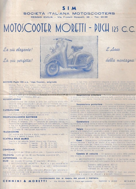 SIM - Moretti-Puch Motoscooter 125 cc. Touren - Volantino (Flyer) d'Esordio 1952 SIM - Moretti-Puch Motoscooter 125 cc. Touren - Volantino (Flyer) d'Esordio 1952