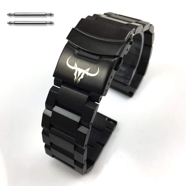 Black Stainless Steel Bracelet Watch Band Strap Double Locking Bull Skull #5002