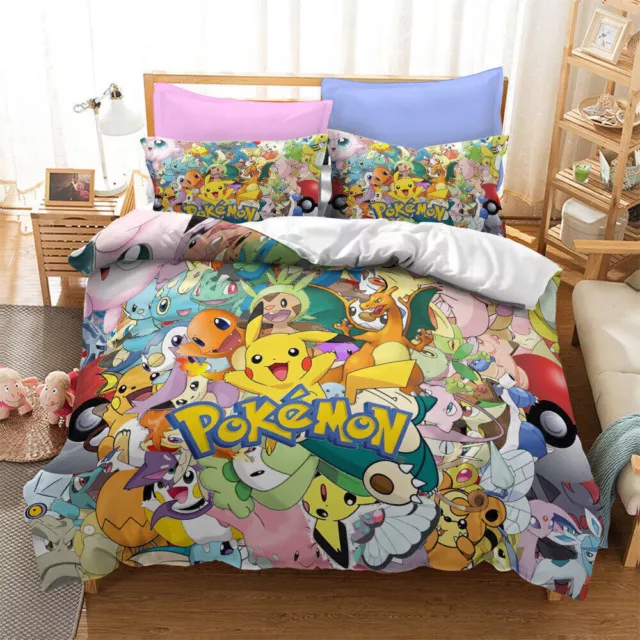 3D Pikachu Pokémon Anime Duvet Set Bedding Set Pillowcase Single Double King UK 3