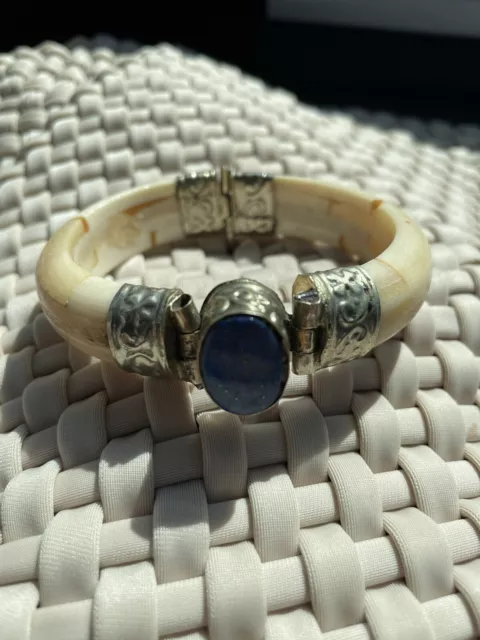 Antique Bonee Blue Lapis Silver Chunky Hinge Bracelet Quality 6.5” 67 Grams