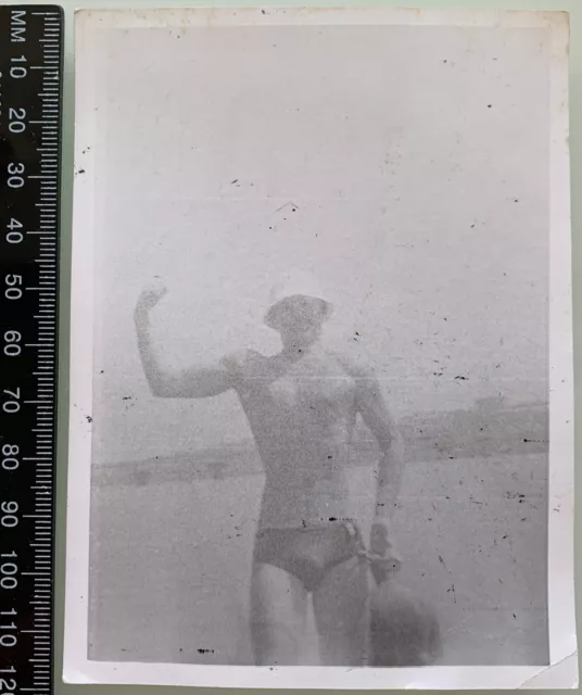 Shirtless Man Trunks Bulge Beefcake Muscle Young Guy Gay Interest Vintage Photo