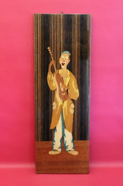 Tableau vintage en bois marqueté marqueterie Clown guitare