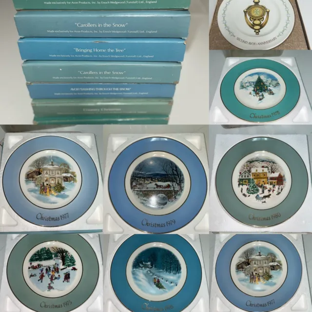 LOT OF 8 VINTAGE 1970s AVON CHRISTMAS SERIES WEDGEWOOD PLATES 1975-1980 + Boxes