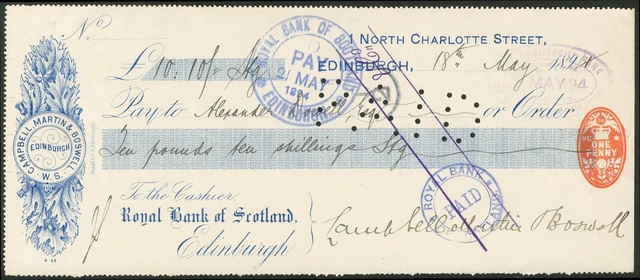 ROYAL BANK OF Scotland, Edinburgh branch, private printing, 189[3] £0.